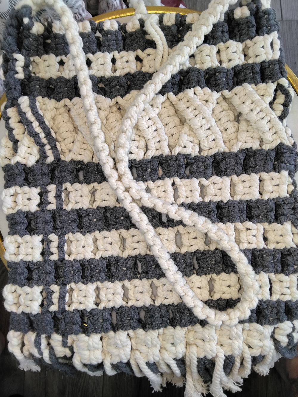 Handmade Crochet Tote Bag in Off White and Charcoal Drawstring Closure